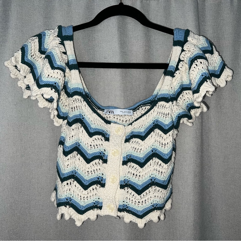 Blue & White Striped Crochet Knit Zara Chevron Pattern Top